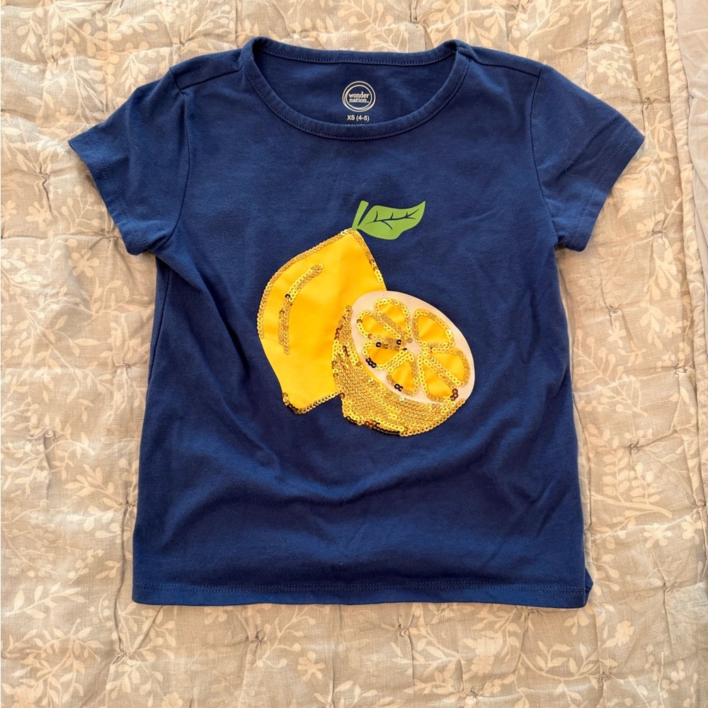 EUC- size xs gorls Navy Blue Lemon Graphic Kids T-Shirt